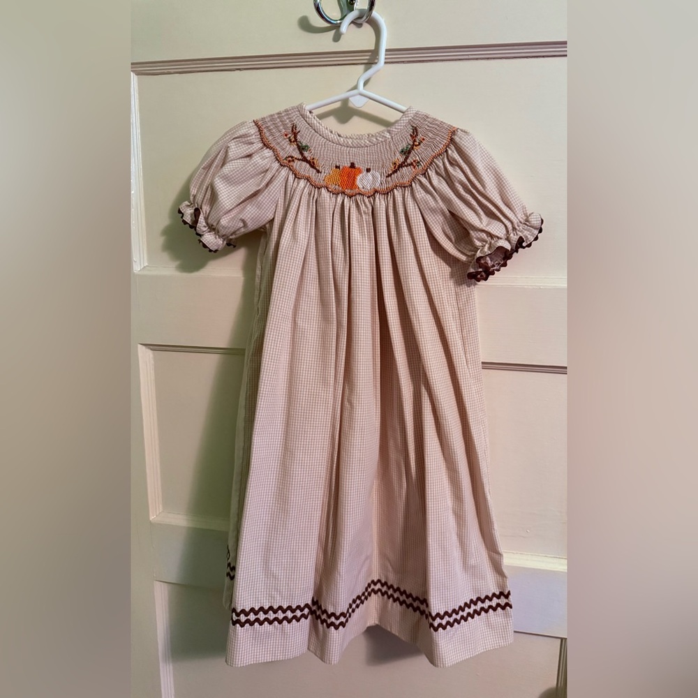 Autumn/Fall brown gingham with embroidered pumpkins; smocked dress for toddler